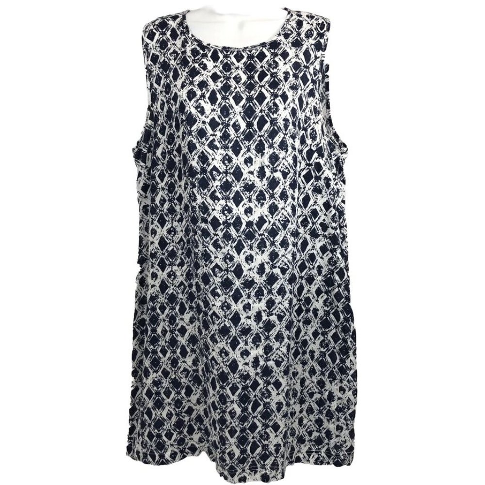 St. Tropez West Linen Navy Blue White Sleeveless Geometric Dress Size 12